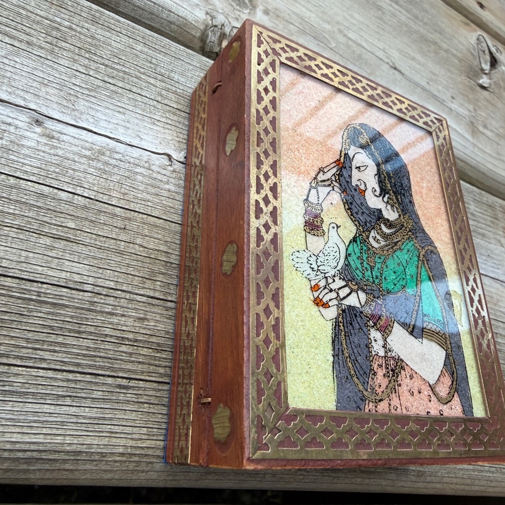 Wood & Brass Jewelry Box with Crushed Gemstones Painting ~Rajput Princess‎